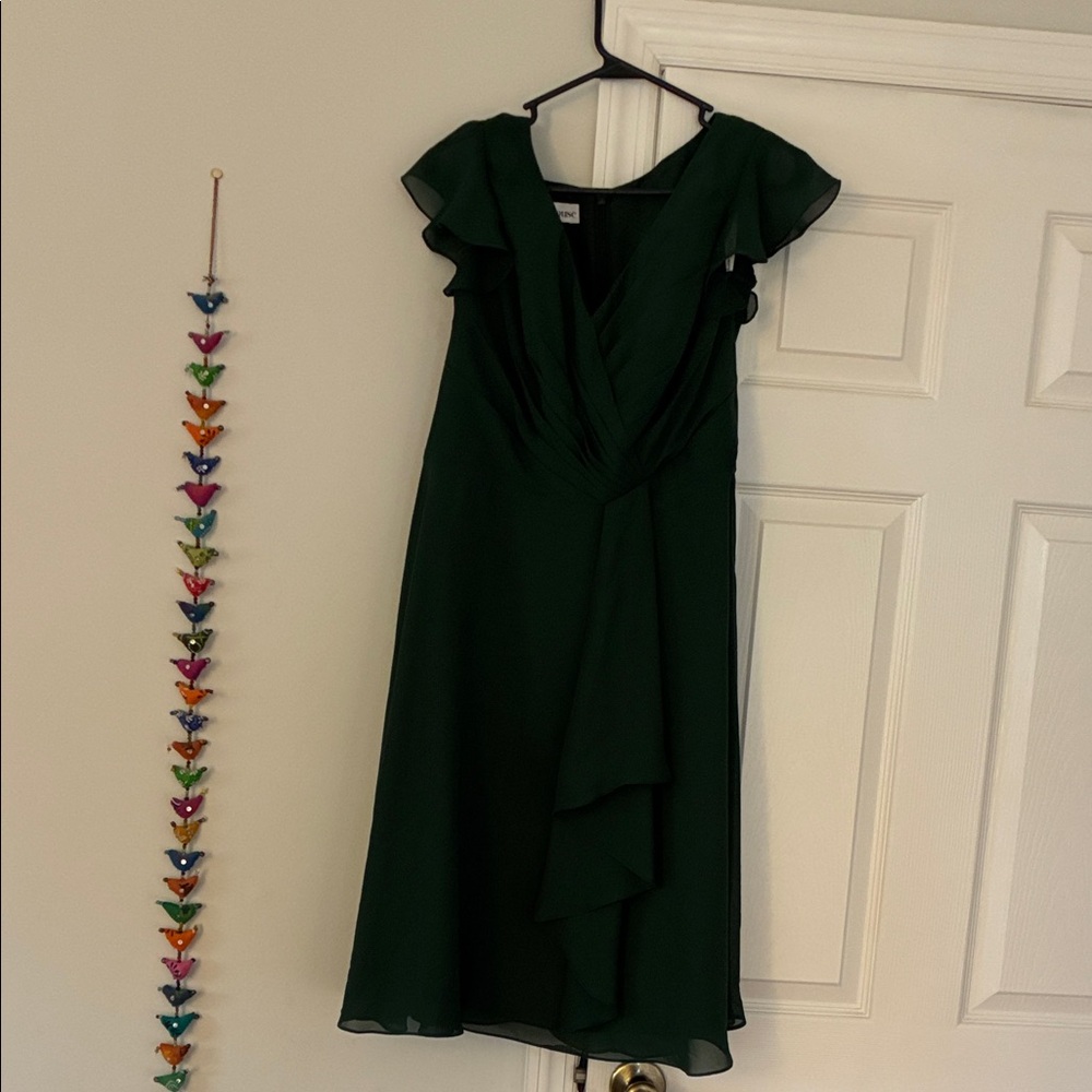 JJs House Deep Green V-Neck Midi Dress with Flutter Sleeves